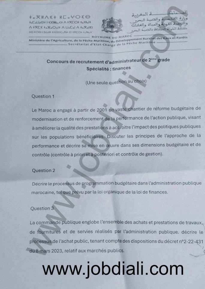 Exemple Concours Administrateur 2ème grade Finances 2026 – Ministère de l’agriculture de la pêche maritime
