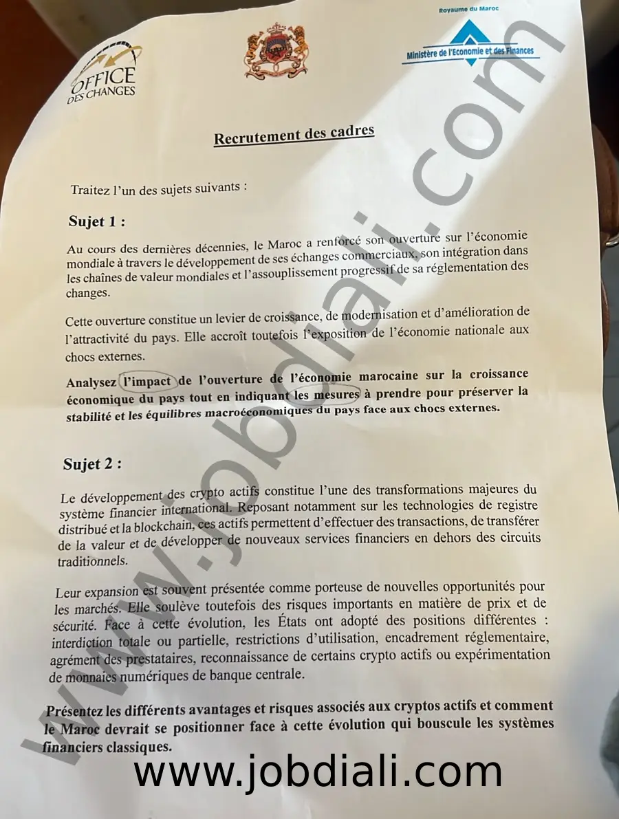 Exemple Concours pour le Recrutement des cadres chargés du contrôle à l’Office des Changes 2026